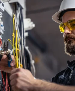 Male electrician at the checkout counter on a blurred background of a switchboard.